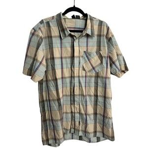 RUSTY Surfer Brand Men’s XL Casual SS Shirt Plaid Checked Cream Blue Grey Red